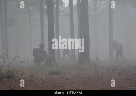 Paratroopers from the British 16 Air Assault Brigade maneuver through the woods during Combined Joint Operational Access Exercise 15-01 on Fort Bragg, N.C., April 18, 2015. In the largest bilateral training operation occurring on Fort Bragg in the last 20 years, more than 3,000 Soldiers from the U.S. and U.K. participated in the exercise in support of the CJOAX. (82nd Airborne Division photo by Sgt. Eliverto V. Larios/Released) British 16 Air Assault Brigade mission Essential During Combine Joint Operational Access Exercise 15-01 150418-A-ZK259-609 Stock Photo
