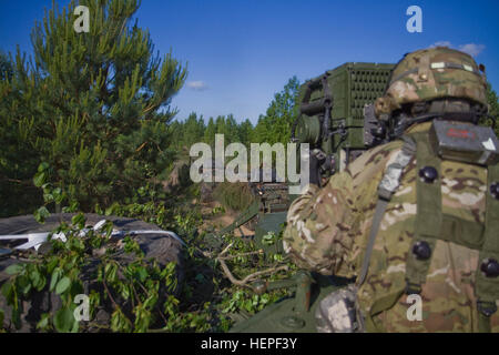 U.S. Army National Guard Sgt. Paul Savattieri, a native of Downingtown, Pa., assigned to A Troop, 2nd 104th Cavalry Regiment, scans for targets on the battlefield using a Long-Range Advance Scout Surveillance System (LRAS3) as Lithuanian Land Forces Soldiers training in vehicle recovery with their M113 Armored Personnel Carriers pass by during multinational training at the Great Lithuanian Hetman Jonusas Radvila Training Regiment in Rukla, Lithuania, June 15, 2015. A Troop is the only M1126 Stryker unit currently operating in the National Guard, and are in Lithuania in support of exercise Sabe Stock Photo