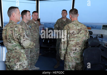 Soldiers from the 185th Theater Aviation Brigade give a short brief about the day-to-day operations to Maj. Gen. William Hickman, U.S. Army Central’s deputy commanding general - operations, at the Udairi Landing Strip on June 30, 2015. The 185th Theater Aviation Brigade commands and controls all Army aviation assets within the U.S. Army Central area of responsibility. (U.S. Army National Guard photo by Sgt. Michael Needham, 185th Theater Aviation Brigade) Control tower brief 150630-A-XA218-704 Stock Photo