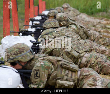 U.S. Army Soldiers assigned to Dog Company, 1st Battalion (Airborne), 503rd Infantry Regiment, 173rd Infantry Brigade Combat Team (Airborne), fire their M4 carbines from the prone-unsupported position during qualifying at the small arms firing range at the Lithuanian Grand Duke Gediminas Staff Battalion in Alytus, Lithuania, July 16, 2015. The Soldiers of Dog Company are in Europe as part of Atlantic Resolve, a demonstration of continued U.S. commitment to the collective security of NATO and to enduring peace and stability in the region. U.S. Army Europe is leading Atlantic Resolve enhanced la Stock Photo