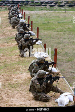 U.S. Army Soldiers assigned to Dog Company, 1st Battalion (Airborne), 503rd Infantry Regiment, 173rd Infantry Brigade Combat Team (Airborne), fire their M4 carbines from the kneeling position during qualifying at the small arms firing range at the Lithuanian Grand Duke Gediminas Staff Battalion in Alytus, Lithuania, July 16, 2015. The Soldiers of Dog Company are in Europe as part of Atlantic Resolve, a demonstration of continued U.S. commitment to the collective security of NATO and to enduring peace and stability in the region. U.S. Army Europe is leading Atlantic Resolve enhanced land force  Stock Photo