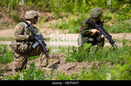U.S. Army Pfc. Caleb Holloway, left, a Follett, Texas, native assigned to Dog Company, 1st Battalion (Airborne), 503rd Infantry Regiment, 173rd Infantry Brigade Combat Team (Airborne), listens for orders alongside Lithuanian Land Forces Pvt. Daukvydas Amsiejus, a native of Vilnius, assigned to 2nd platoon, 2nd Coy, Grand Duke Birute Uhlan Battalion during a tactical halt as part of a bilateral, tactical exercise at the Lithuanian Grand Duke Gediminas Staff Battalion in Alytus, Lithuania, July 16, 2015. The Soldiers of Dog Company are in Europe as part of Atlantic Resolve, a demonstration of co Stock Photo