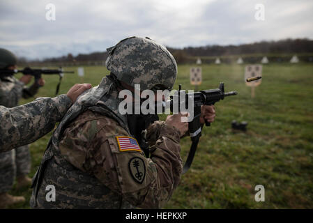 U.S. Army Reserve Soldiers from military police and drill sergeant units fire their rifles at a qualification range during a multi-day training event hosted at Camp Atterbury, Ind., Nov. 6. The 384th Military Police Battalion, headquartered at Fort Wayne, Ind., organized a three-day range and field training exercises involving more than 550 U.S. Army Reserve Soldiers and incorporated eight different weapons systems, combat patrolling and a rifle marksmanship competition at Camp Atterbury, Ind., Nov. 5-7. (U.S. Army photo by Master Sgt. Michel Sauret) Aiming for excellence, hitting so much more Stock Photo