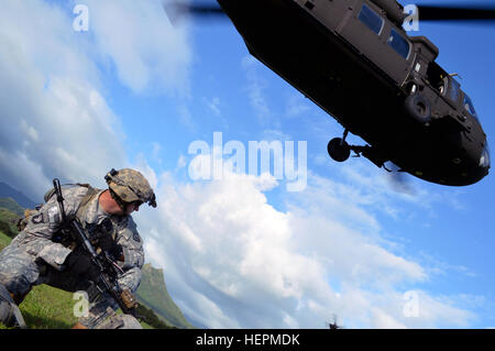 Sgt. 1st Class William Henderson, platoon sergeant, 1st Platoon Company B, 2nd Battalion, 35th Infantry Regiment, 3rd Brigade Combat Team, 25th Infantry Division, stands guard as a UH-60 Black Hawk helicopter takes off at Marine Corps Training Area Bellows, Hawaii, Dec. 2, 2015. Henderson partook in an air assault operation with the rest of his platoon. (Photo by Staff Sgt. Armando R. Limon, 3rd Brigade Combat Team, 25th Infantry Division) 151202-A-EL056-015 (23499815952) Stock Photo