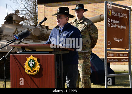 Retired Lt. Col. Timothy Gauthier (front,) former scout platoon leader with Eagle Troop, speaks to leadership and Troopers assigned to 2nd Squadron, 2nd Cavalry Regiment during the squadron's Battle of 73 Easting commemoration ceremony held at Rose Barracks, Germany, Mar. 11, 2016. The event was in celebration of the 25th anniversary of the unit's historic Operation Desert Storm victory and commemorated the history of the longest serving Cavalry Regiment in the United States Army. (U.S. Army photo by Sgt. William A. Tanner) 2CR commemorates the 25th anniversary of the Battle of 73 Easting 1603 Stock Photo