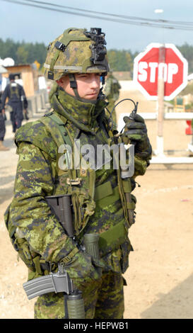 A Canadian Soldier with 4th platoon, Hotel Company, 2nd Battalion, Royal Canadian Regiment, keeps an eye on the interactions with role players while receiving a report during training at the Joint Multinational Readiness Center, near Hohenfels, Germany, Sept. 30.  The Soldiers are as part of America, Britain, Canada, Australia and New Zealand's interoperability test Cooperative Spirit 2008. Canadian Field Training 119658 Stock Photo