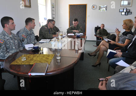 Capt. Niels Madsen and Staff Sgt. Arthur Kleeb of the 457th Civil Affairs Battalion based in Grafenwoehr, Germany discuss with the mayor of Wegorzyno, Poland, town officals, and the CIMIC Support Team during Anakonda 2016. Exercise Anakonda 2016 is a premier training event for U.S. Army Europe and participating nations and demonstrates that the United States and partner nations can effectively unite together under a unified command while training on a contemporary scenario. (Photo by Sgt. Dennis Glass) Public Relations a Key Factor for Anakonda 2016 (Image 1 of 7) 160609-A-WU853-002 Stock Photo