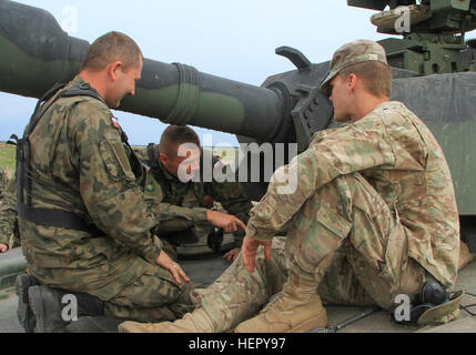 TRZEBIEN, Poland – Cpl. Aaron Brixley, tank gunner with Company D, 3rd Combined Arms Battalion, 69th Armor Regiment, 3rd Infantry Division, invites Polish soldiers of the 10th Armoured Cavalry Brigade, 11th Armoured Division, to take a look inside an M1A2 Abrams during joint training in Trzebien, Poland, Aug. 2. The training provided U.S. soldiers an inside look at the Polish BMP infantry fighting vehicle and the capabilities of their Polish counterparts. The D Co. “Dark Knights” stationed out of Fort Stewart, Ga., are currently on a training rotation in support of Operation Atlantic Resolve,  Stock Photo