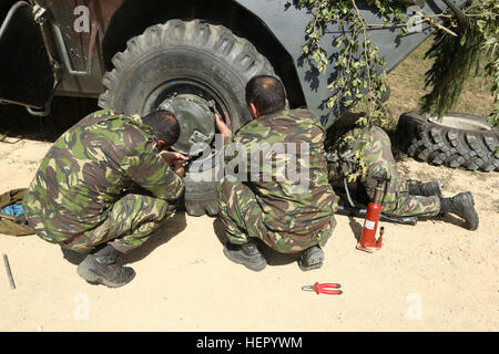 Romanian soldiers of the 33rd Mountain Battalion Posada change a tire to a TAB-79 armored personnel carrier while conducting a Distinguished Visitors tour during exercise Combined Resolve VII at the U.S. Army’s Joint Multinational Readiness Center in Hohenfels Germany, Sept. 6, 2016. Combined Resolve VII is a 7th Army Training Command, U.S. Army Europe-directed exercise, taking place at the Grafenwoehr and Hohenfels Training Areas, Aug. 8 to Sept. 15, 2016. The exercise is designed to train the Army’s regionally allocated forces to the U.S. European Command. Combined Resolve VII includes more  Stock Photo