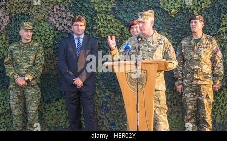 Exercise Co-Director, Colonel Jeff Cantor speaks during the Immediate Response 16 opening ceremony. Immediate Response 16 is a multinational, brigade-level command post exercise utilizing computer-assisted simulations and field training exercises spanning two countries, Croatia and Slovenia. The exercises and simulations are built upon a decisive action based scenario and are designed to enhance regional stability, strengthen Allied and partner nation capacity, and improve interoperability among partner nations. The exercise will occur Sept. 9-23, 2016, and will include more than 1,900 Soldier Stock Photo