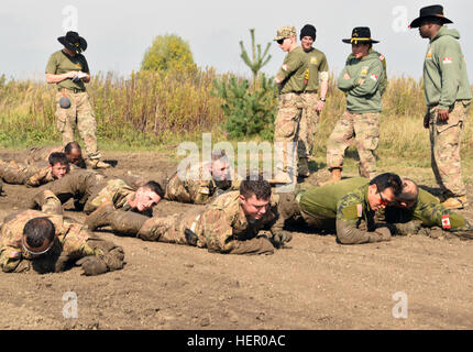 YAVORIV, Ukraine – Soldiers of 6th Squadron, 8th Cavalry Regiment, 2nd Infantry Brigade Combat Team, 3rd Infantry Division and their Canadian counterparts low-crawl during a spur ride here, September 28, 2016. 6-8 CAV is deployed here in support of the Joint Multinational Training Group-Ukraine. JMTG-U focuses on building a sustainable and enduring training capacity and capability within the Ukrainian land forces. (U.S. Army photo by Spc. John Onuoha / Released) 6-8 CAV holds spur ride in Ukraine 160928-A-GS006-003