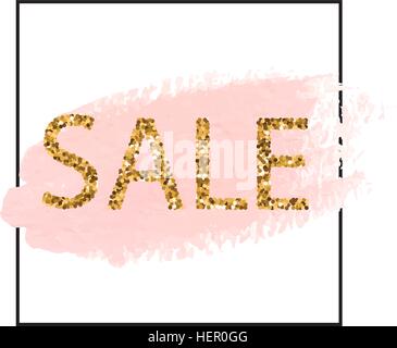Golden Sale lettering in frame. Pastel pink watercolor background. For flyer, poster, shopping sign, discount, marketing, selling, banner web social m Stock Vector