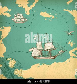 Vintage vector map with sailing vessels. Ancient map with ships. Stock Vector