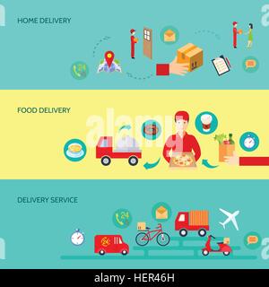 Delivery Banner Set. Delivery banner set with truck bike moto and aircraft food goods parcel and courier vector illustration Stock Vector