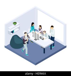 Coworking And Teamwork Illustration . Coworking and teamwork with creative thinking help and brainstorming isometric vector Stock Vector