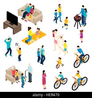 Family Isometric Set . Family isometric set with free time and activities symbols isolated vector illustration Stock Vector