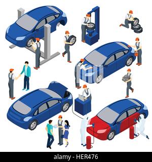 Auto Service Concept Set. Auto service concept isometric set with spare parts and maintenance symbols isolated vector Stock Vector