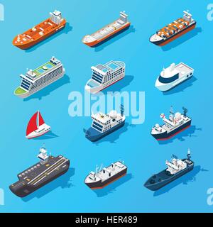 Ships Boats Vessels Isometric Icon Set . Ships motorboats sailing yachts and passenger vessels isometric icons set on water Stock Vector