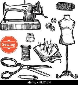 Hand Drawn Sketch Sewing Set. Hand drawn sketch sewing set with mannequin scissors thimble pins buttons sewing machine symbols Stock Vector