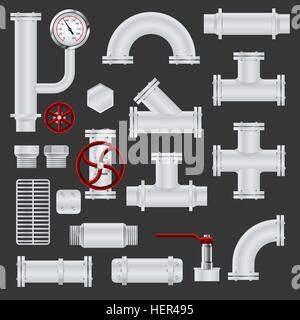 Realistic pipeline elements. Realistic pipeline realistic icons set with metal steel tubes and pipe elements isolated vector Stock Vector