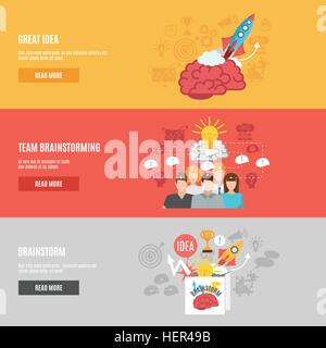 Brainstorm Banners Set. Horizontal banners set with abstract pictures of great idea brainstorm and team brainstorming flat Stock Vector