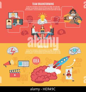 Flat Brainstorm Banners. Team brainstorming work for creating idea and great idea metaphor banners flat vector illustration Stock Vector