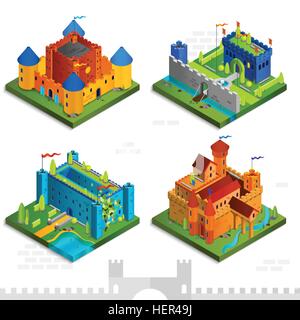 Medieval Castles Isometric Collection. Medieval castles isometric collection with towers flags and walls in cartoon style Stock Vector