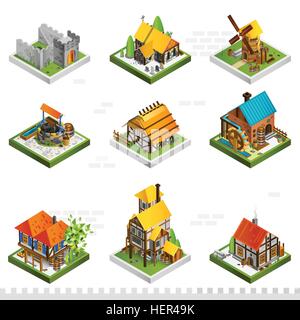 Medieval Buildings Isometric Collection. Medieval isometric buildings collection with ancient citadel houses on stilts mill and Stock Vector