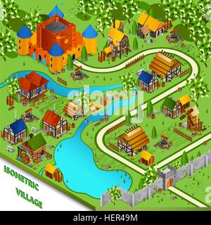 Medieval Village Isometric Landscape. Medieval isometric landscape with river village and castle in cartoon style vector Stock Vector