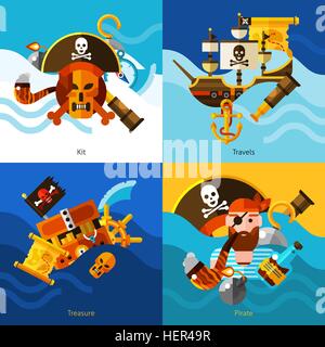 Pirates 2x2 Design Concept Set . Pirates 2x2 design concept set of one eyed pirate smoking pipe chest of gold sailboat with Stock Vector