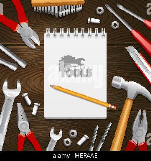 Carpenter Construction Tools Flat Composition Background. Carpentry construction repair instruments tools with notebook Stock Vector