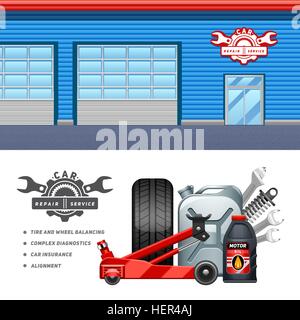 Car Service 2 Flat Banners Set . Car service garage 2 horizontal banners composition advertisement poster with tire and motor Stock Vector