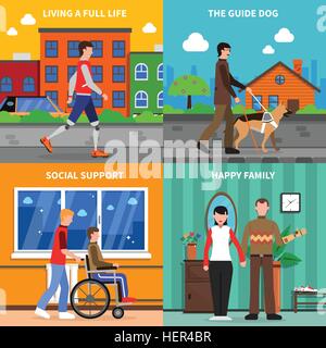 Disabled Concept 4 Flat Icons Square . Disabled handicapped people living full life with social support 4 flat icons square Stock Vector