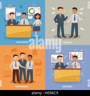 Business life set. Business life design concept set with flat discussion office conflict and partnership flat icons isolated Stock Vector