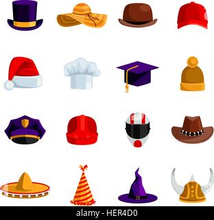 Hats And Caps  Flat Color Icons. Hats and caps flat color icons set of sombrero bowler square academic hat baseball cap straw Stock Vector