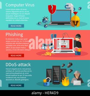 Horizontal Hacker Banners Set. Horizontal  hacker banners set with icons of DDOS attacks on computer systems  phishing and Stock Vector