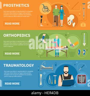 Horizontal Banners Of Traumatology Orthopedics. Traumas medical help advertising of prosthetics orthopedics and traumatology Stock Vector