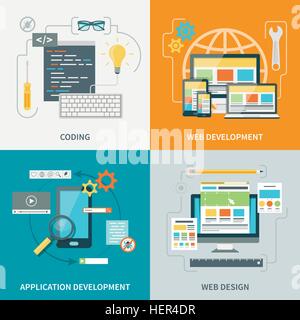 Website Development Picture Set. Set of pictures with various stages of website development process vector illustration Stock Vector