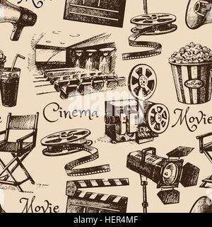 Movie film cinema seamless pattern. Hand drawn vintage illustration Stock Vector