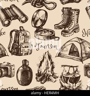 Hike and camping tourism hand drawn vintage seamless pattern. Vector illustration Stock Vector