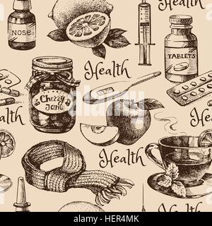Sketch healthy and medical vintage seamless pattern. Hand drawn vector illustration Stock Vector