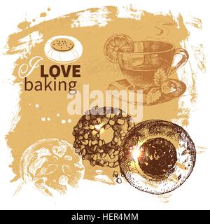 Hand drawn sketch happy birthday bakery vintage background. Tea time vector illustration Stock Vector