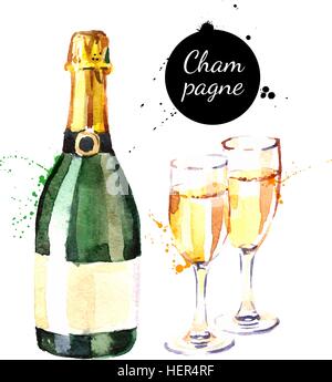 Watercolor champagne bottle and glasses icon. Isolated &#xA;alcoholic cocktail beverage drink vector illustration on white Stock Vector