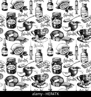 Sketch healthy and medical antivirus vintage seamless pattern. Hand drawn vector illustration Stock Vector