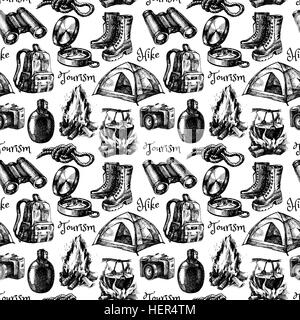 Hike and camping tourism hand drawn vintage seamless pattern. Vector illustration Stock Vector