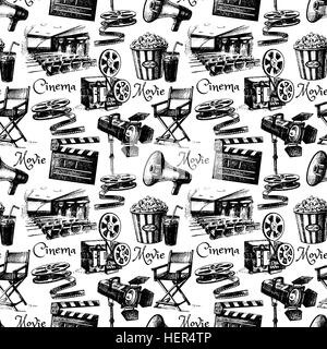 Sketch movie film cinema seamless pattern. Hand drawn vintage illustration Stock Vector
