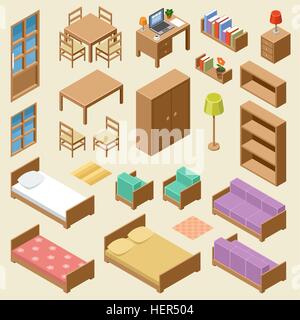 Vector set of isometric furniture on the beige background Stock Vector