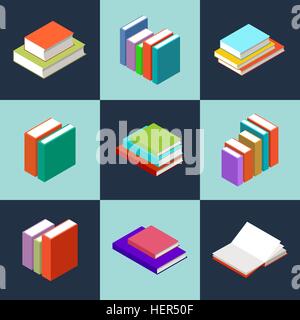 The vector image of isometric books in the opened and closed look Stock Vector