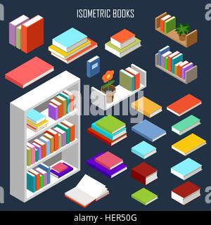 The vector image of isometric books in the opened and closed look and furniture Stock Vector