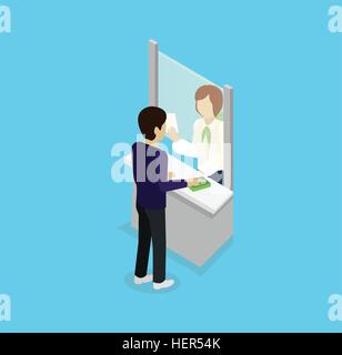 Isometric icon man with money at bank window. 3D business money, finance bank, service counter bank, cashier in bank, employee Stock Vector
